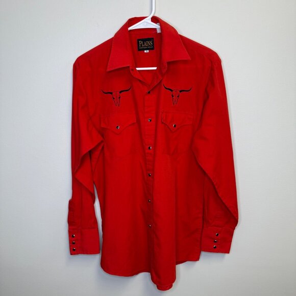 Vintage Plains Western Wear Red Cowboy Shirt Size Medium Embroidered Bull Skull - Picture 1 of 8